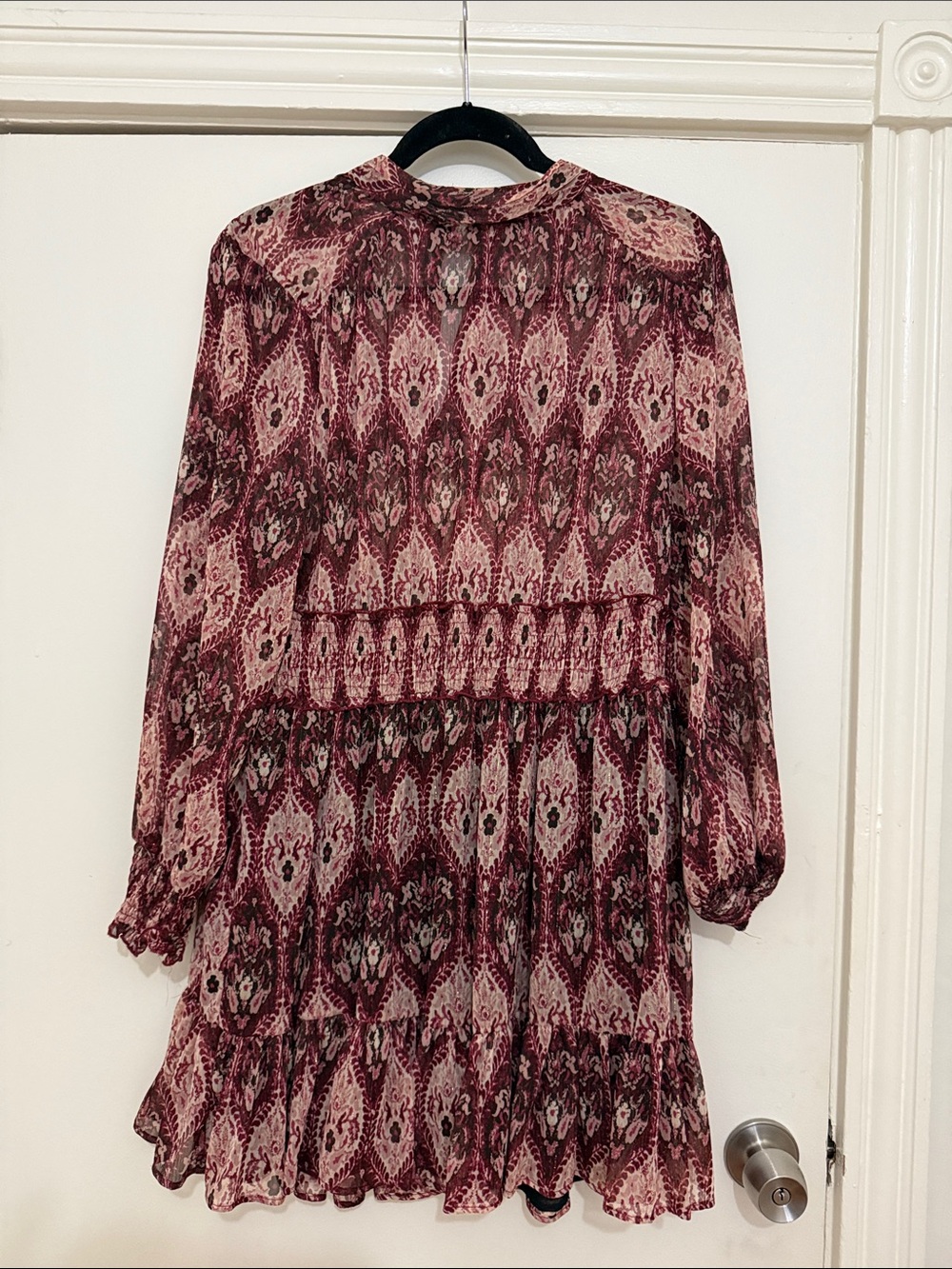 Zara Burgundy and Cream Ikat-Pattern Long Sleeve Mini Dress